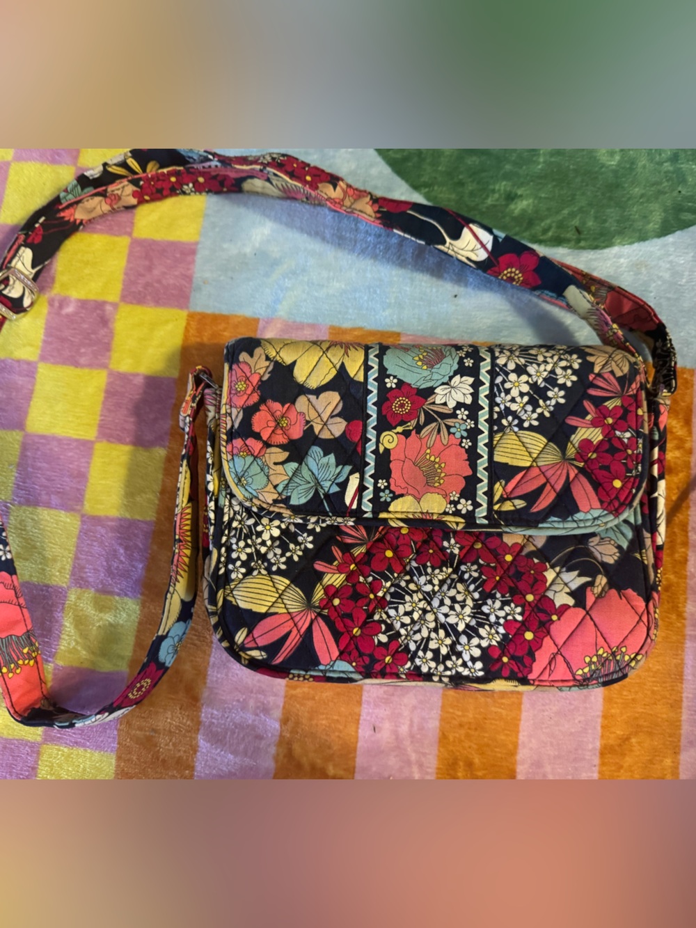 Vera Bradley Quilted Floral Crossbody in Black, Pink, Yellow and Blue